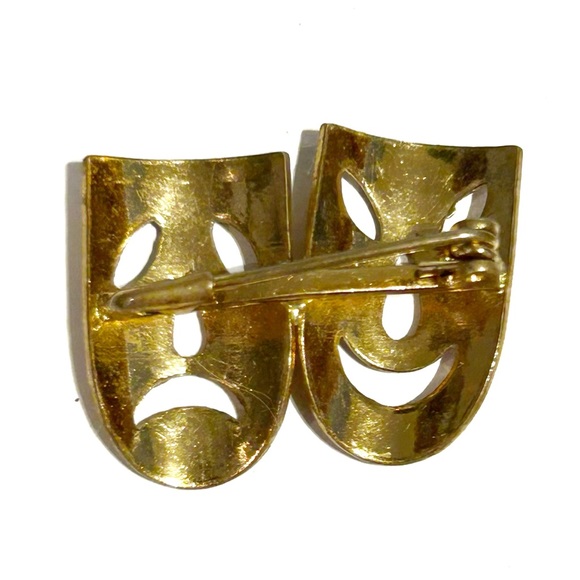 Vintage Drama Theatre Acting Masks Brooch Pin Gold Tone Comedy Tragedy Play Act - Picture 2 of 7